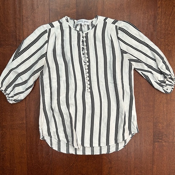 Apiece Apart Nueva Augustina Tunic, Black and White Striped Linen & Silk, Size 0 - Picture 2 of 16